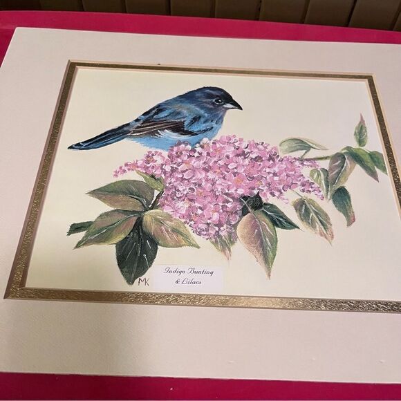 Hand Painted Indigo Bunting & Lilacs Matted Print - Picture 2 of 6